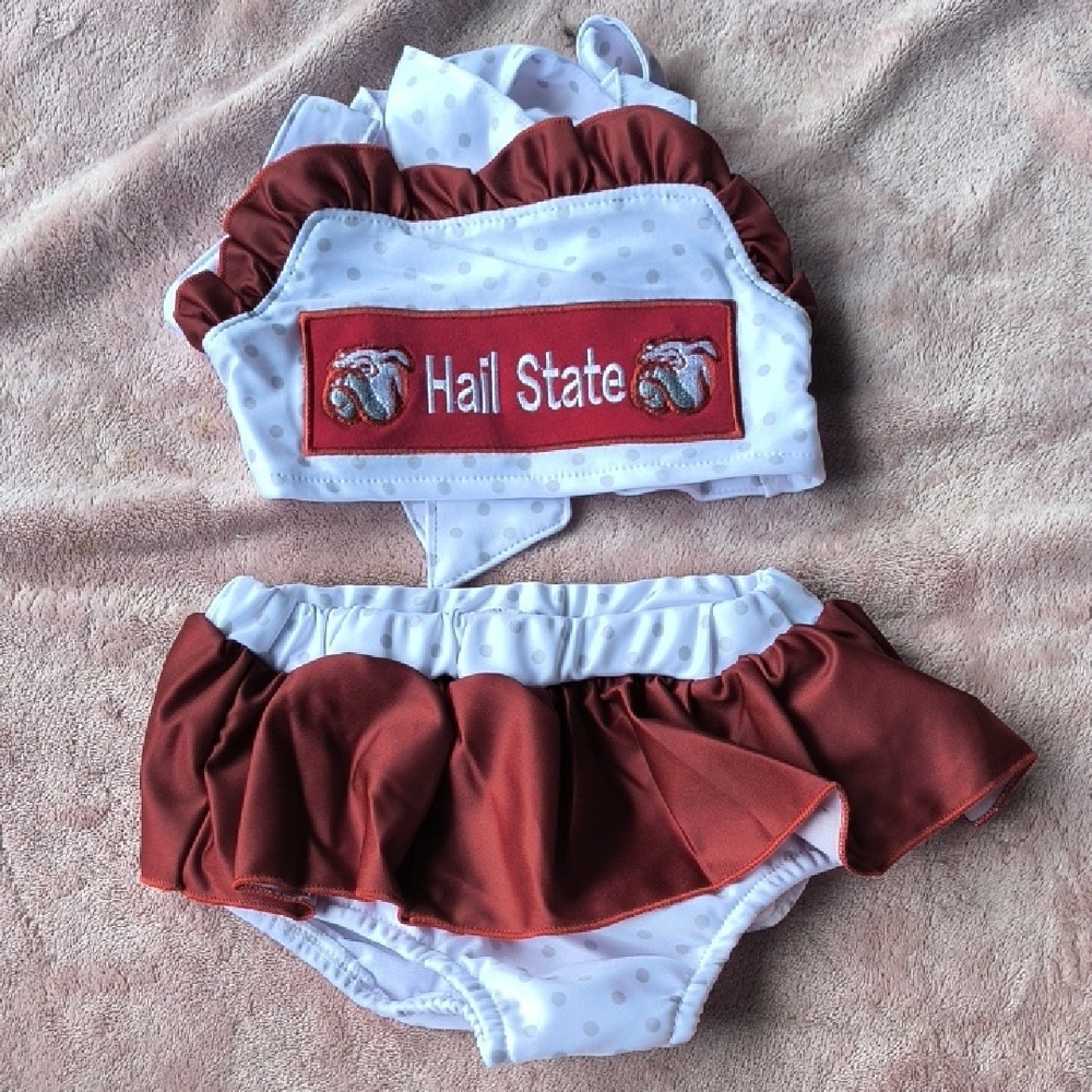 Kids Maroon and White Ruffled Bikini Set